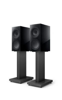 KEF - R3 Meta Bookshelf Speakers (Pair) 10 KEF - R3 Meta Bookshelf Speakers (Pair) -Music Player Store R3 Meta Black20Gloss without20grille on perspective Front in20pair on20stand