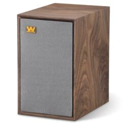Wharfedale - Denton 80th Anniversary Bookshelf Speakers (Pair) -Music Player Store Wharfedale Denton 80th Walnut 03 Angle Left Grill